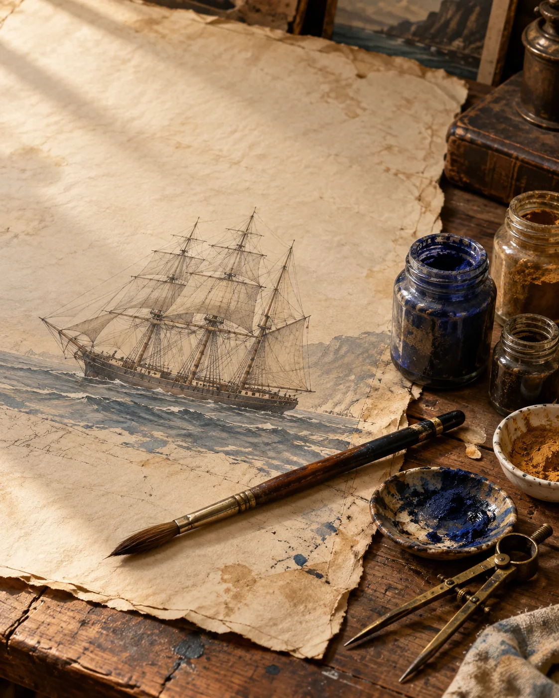 Mesa de artista com um estudo antigo de um navio de três mastros, pincel e pigmentos em tons de azul e ocre